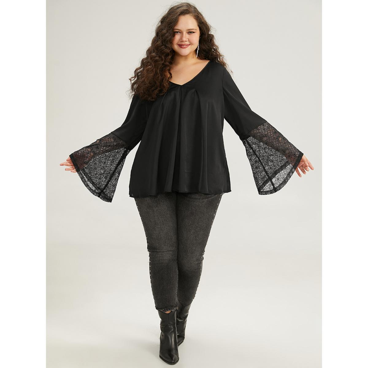 Plus Size Black Halloween Lace Patchwork Ties Bell Sleeve Blouse Women Elegant Long Sleeve V-neck Festival-Halloween Blouses BloomChic 28/5X Product Image