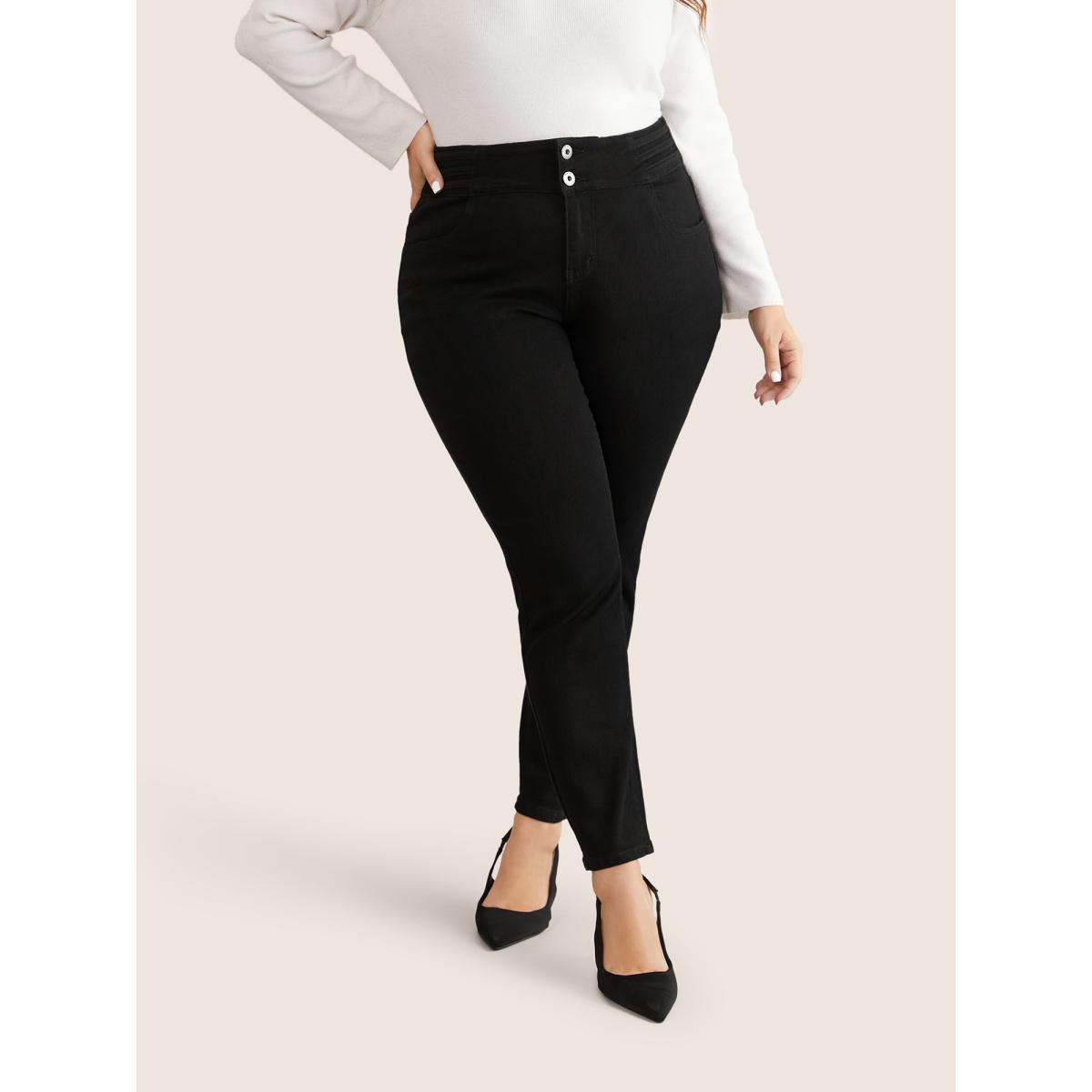 Plus Size Black Wash Button Through Skinny Jeans Women Black Casual Plain Plain High stretch Pocket Jeans BloomChic 10/M Product Image
