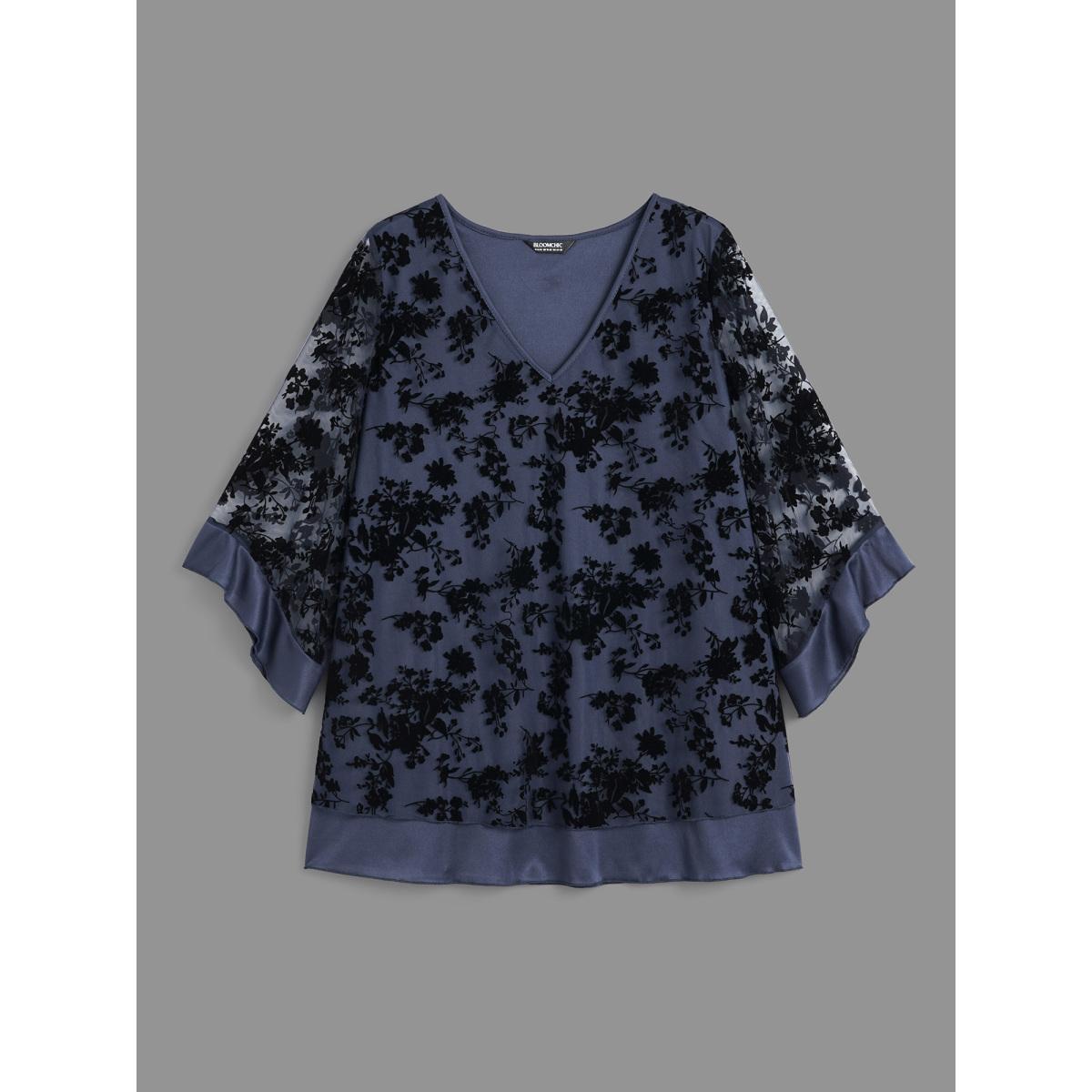 Plus Size Indigo Floral Flocking Mesh Asymmetrical Hem Blouse Women Elegant Three Quater Length Sleeve V-neck Everyday Blouses BloomChic 30/6X Product Image