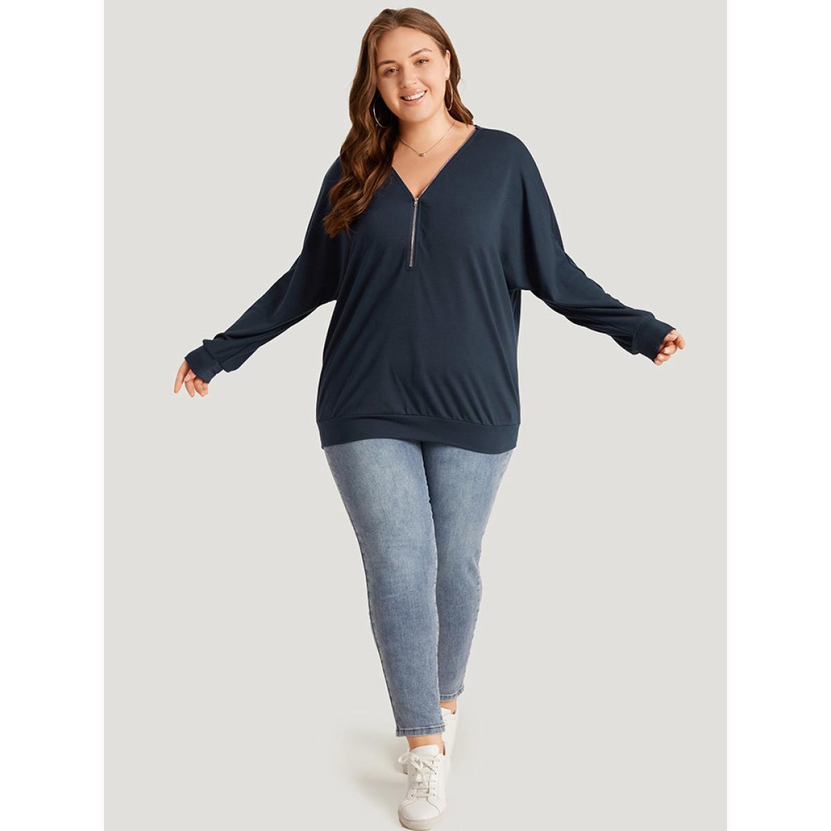 Plus Size Plain Zipper Half Elastic Cuffs Batwing Sleeve Sweatshirt Women Indigo Casual Elastic cuffs V-neck Dailywear Sweatshirts BloomChic 30/6X Product Image