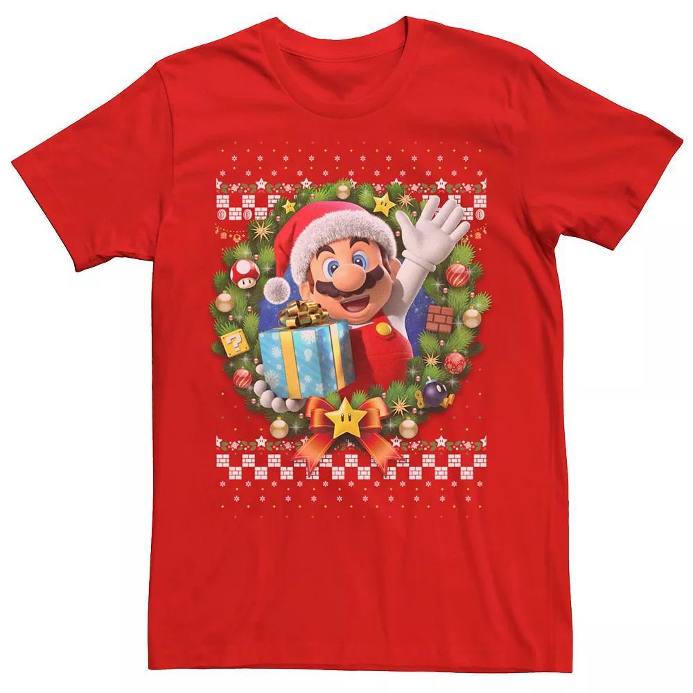 Men's Nintendo Super Mario 3D Christmas Wreath Present Graphic Tee, Size: Small, Red Product Image