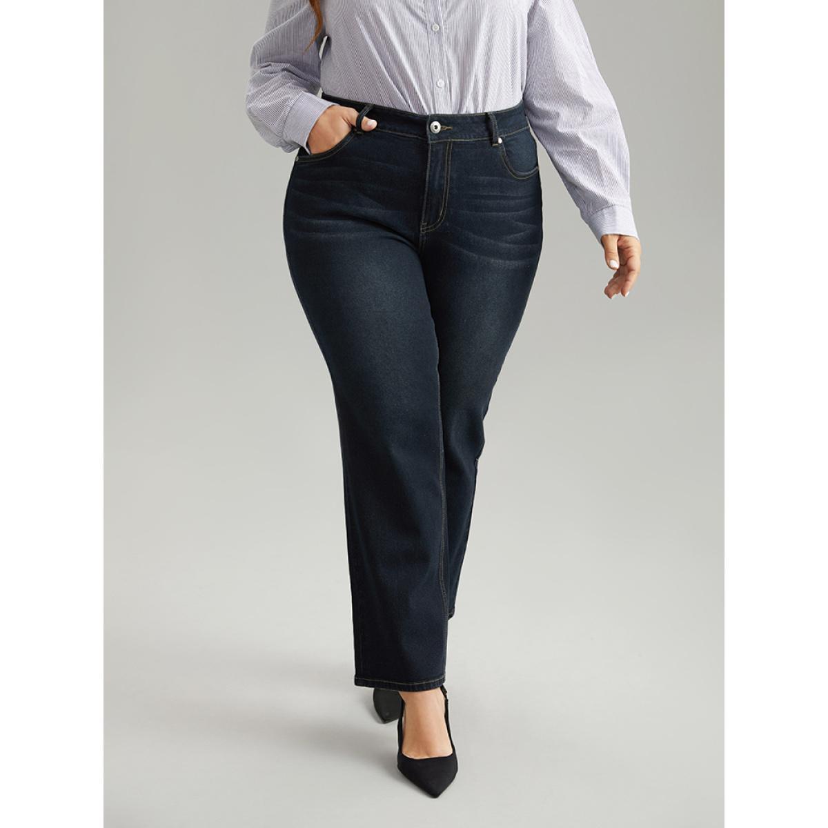 Plus Size Dark Wash Zipper Fly Straight Leg Jeans Women Midnight Casual Plain Plain High stretch Pocket Jeans BloomChic 22/3X Product Image