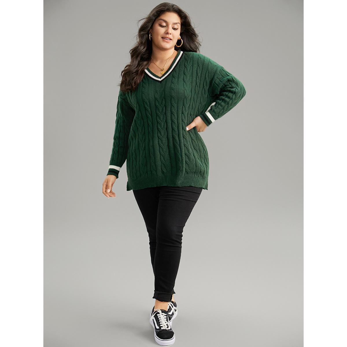 Plus Size Cable Knit Contrast Trim Drop Shoulder Pullover DarkGreen Women Casual Loose Long Sleeve V-neck Dailywear Pullovers BloomChic 18-20/2X Product Image