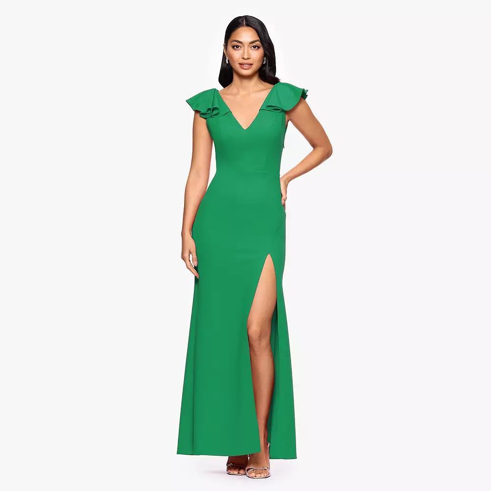 Women's BA Nites Long Scuba Crepe Ruffle V-Neck Dress, Size: 6, Green Product Image