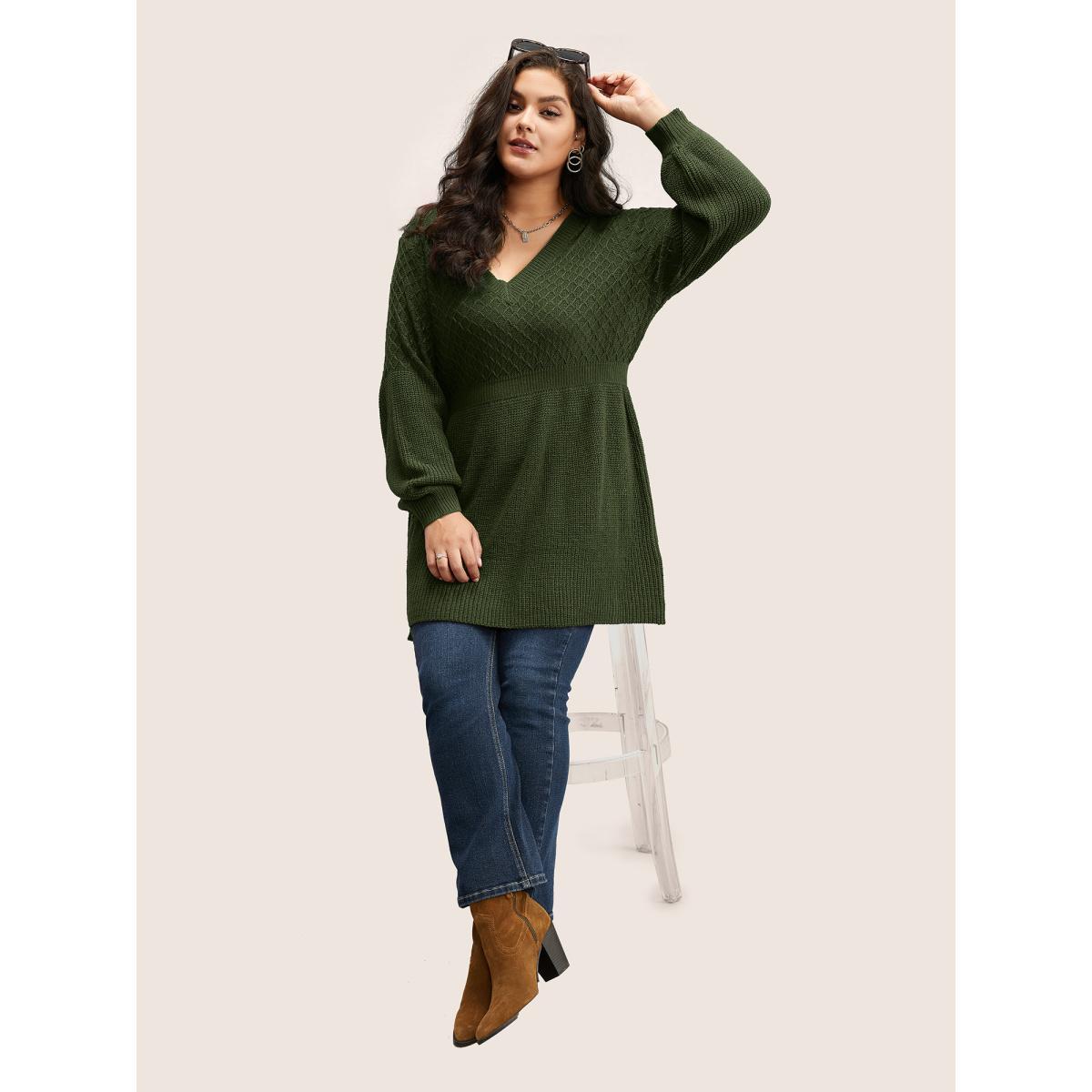 Plus Size Plain Plisse Lantern Sleeve A Line Pullover Moss Women Elegant Long Sleeve V-neck Everyday Pullovers BloomChic 18-20/2X Product Image