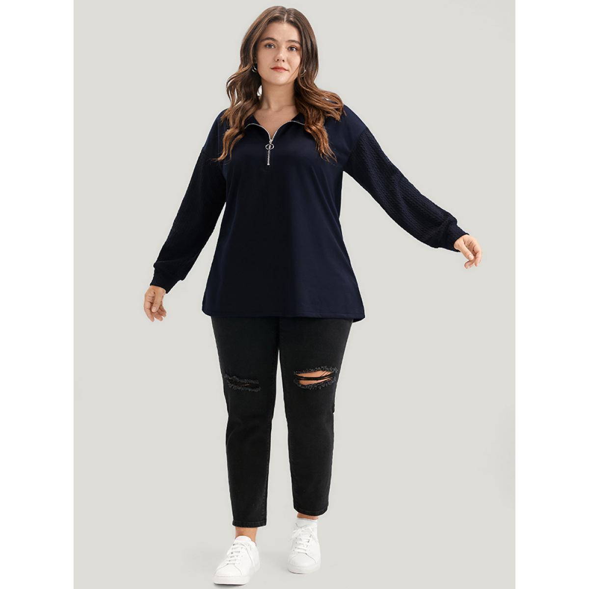 Plus Size Solid Drop Shoulder Zipper Lapel Collar Sweatshirt Women DarkBlue Casual Plain Lapel Collar Dailywear Sweatshirts BloomChic 18-20/2X Product Image