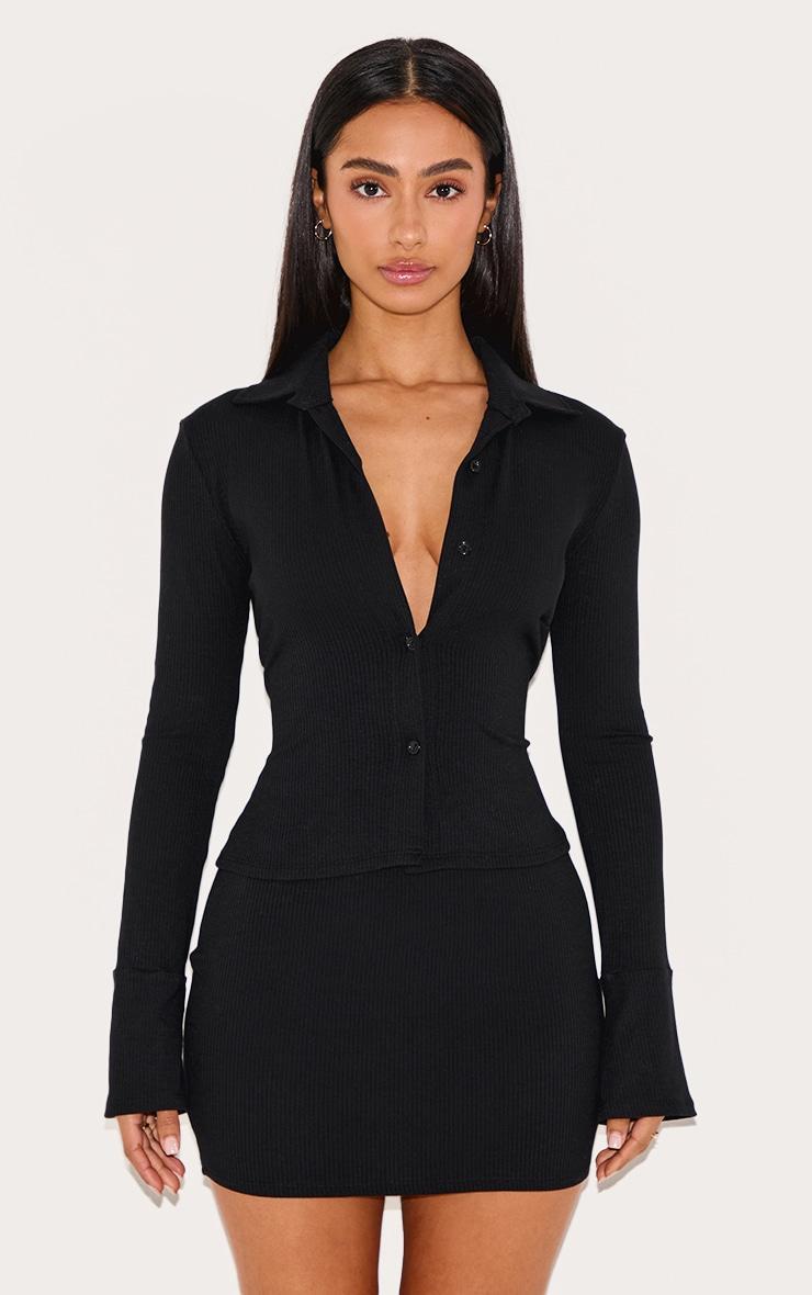 Petite Black Ribbed High Waist Mini Skirt Product Image