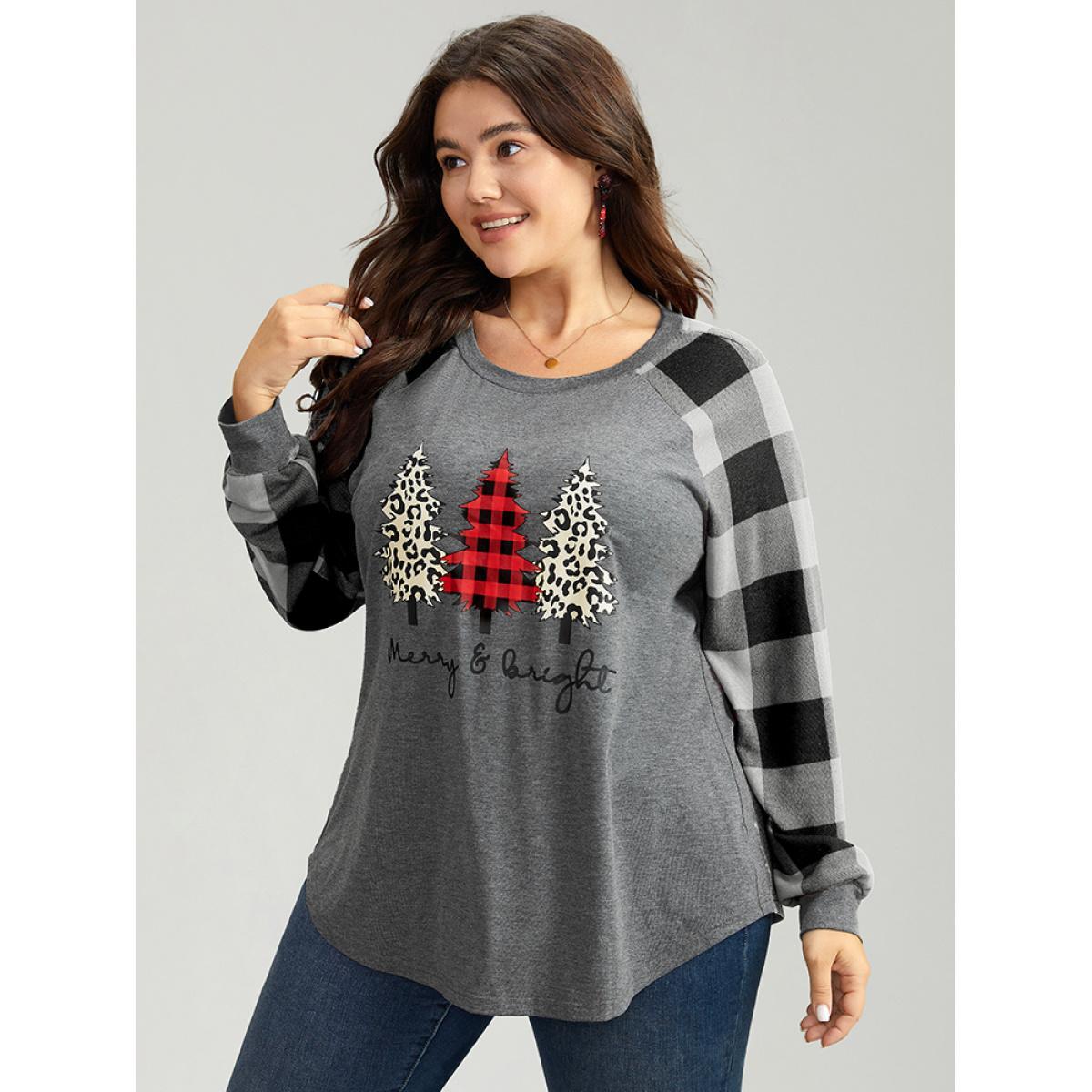 Plus Size Plaid Christmas Trees Round Neck T-shirt Black Women Casual Contrast Christmas Festival-Christmas T-shirts BloomChic 10/M Product Image