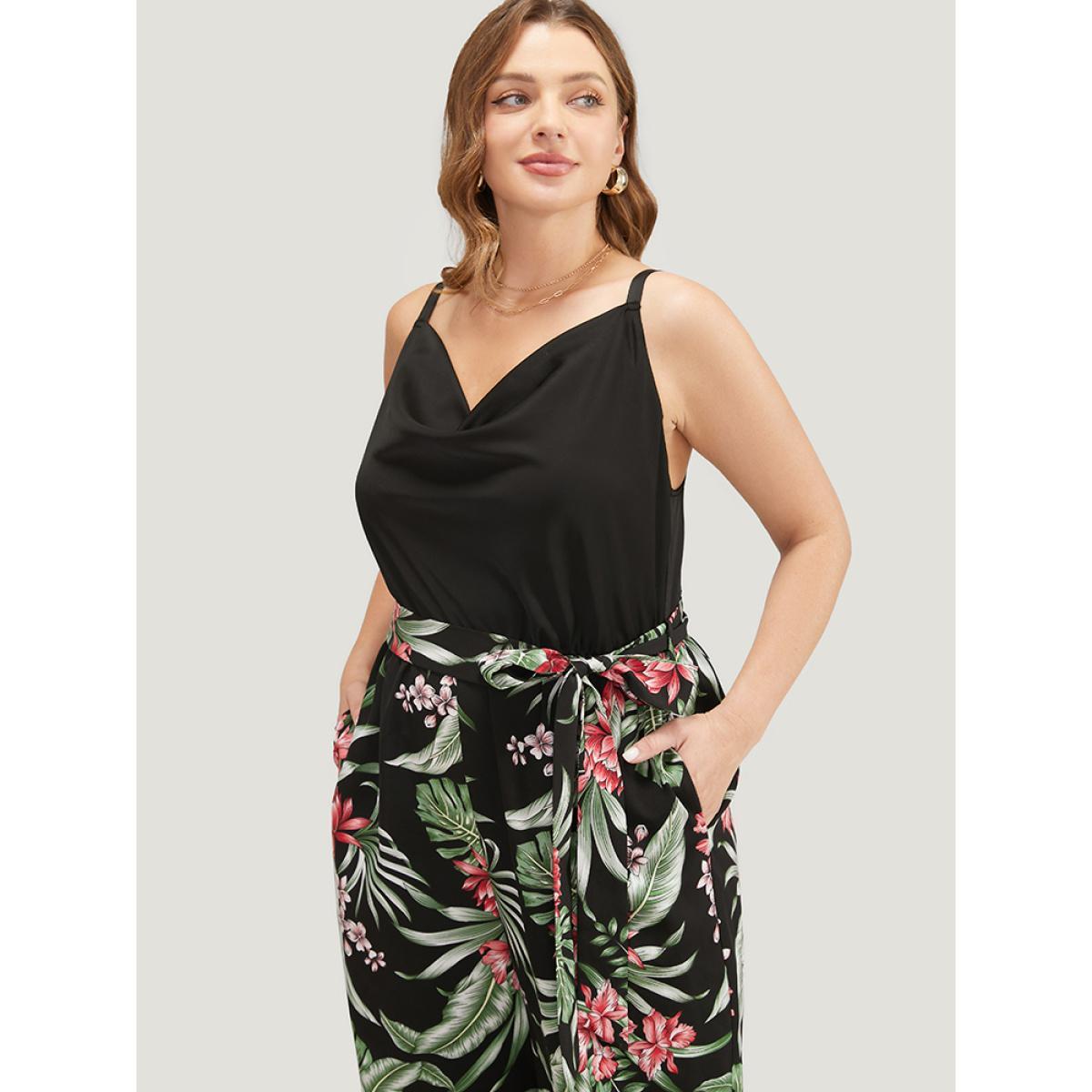 Plus Size Black Tropical Patchwork Cowl Neck Pocket Belted Cami Jumpsuit Women Vacation Sleeveless Cowl Neck Dailywear Loose Jumpsuits BloomChic 30/6X Product Image