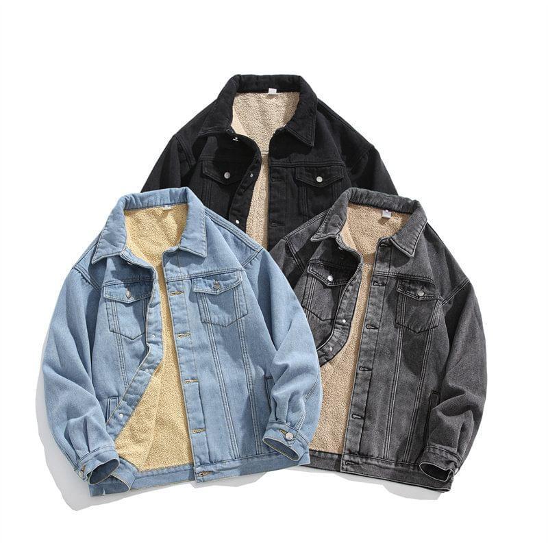 Cat Print Washed Pocket Detail Denim Single-Breasted Jacket Product Image