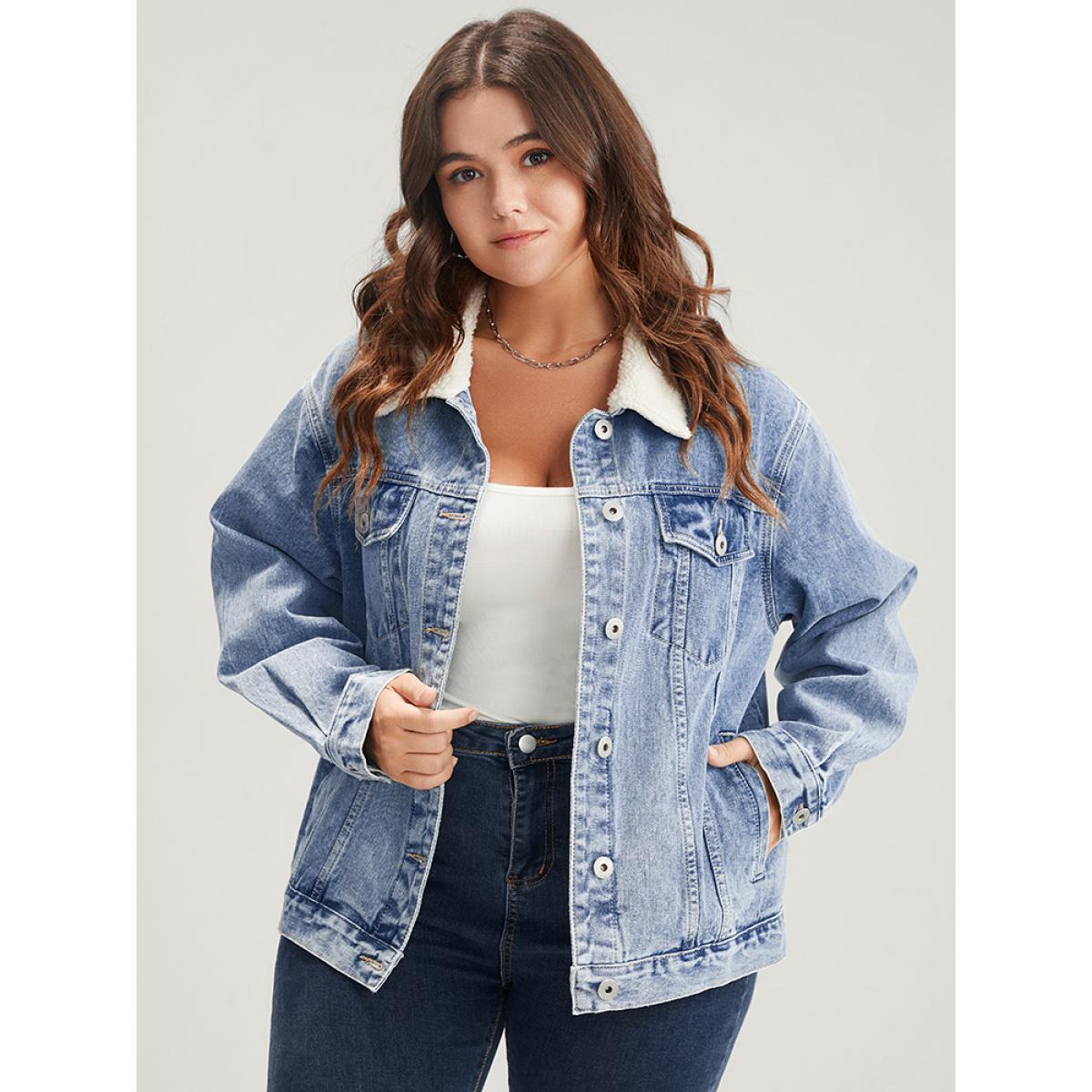 Women Solid Pocket Button Front Medium Wash Denim Jacket Aegean Plus Size Plain Dailywear Pocket Casual Denim Jackets BloomChic 10/M Product Image