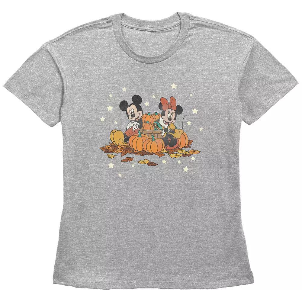 Disneys Mickey Mouse And Minnie Mouse Pumpkin Harvest Womens Graphic Tee Grey Gray Product Image