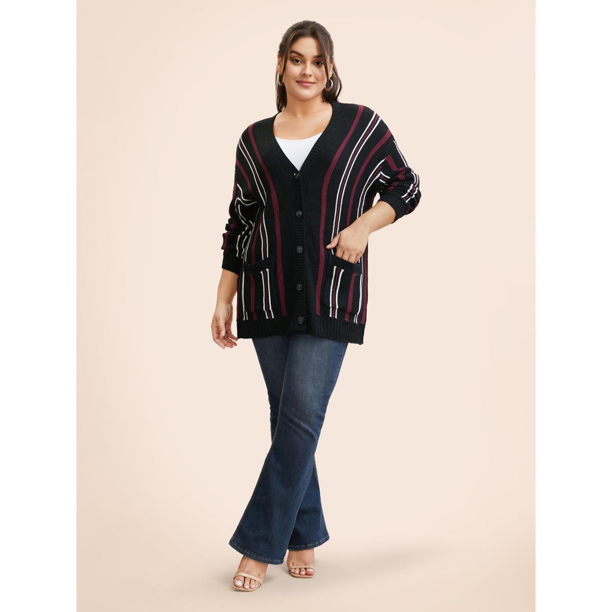 Plus Size Striped Patched Pocket Drop Shoulder Cardigan Black Women Casual Long Sleeve Everyday Cardigans BloomChic 12/L Product Image