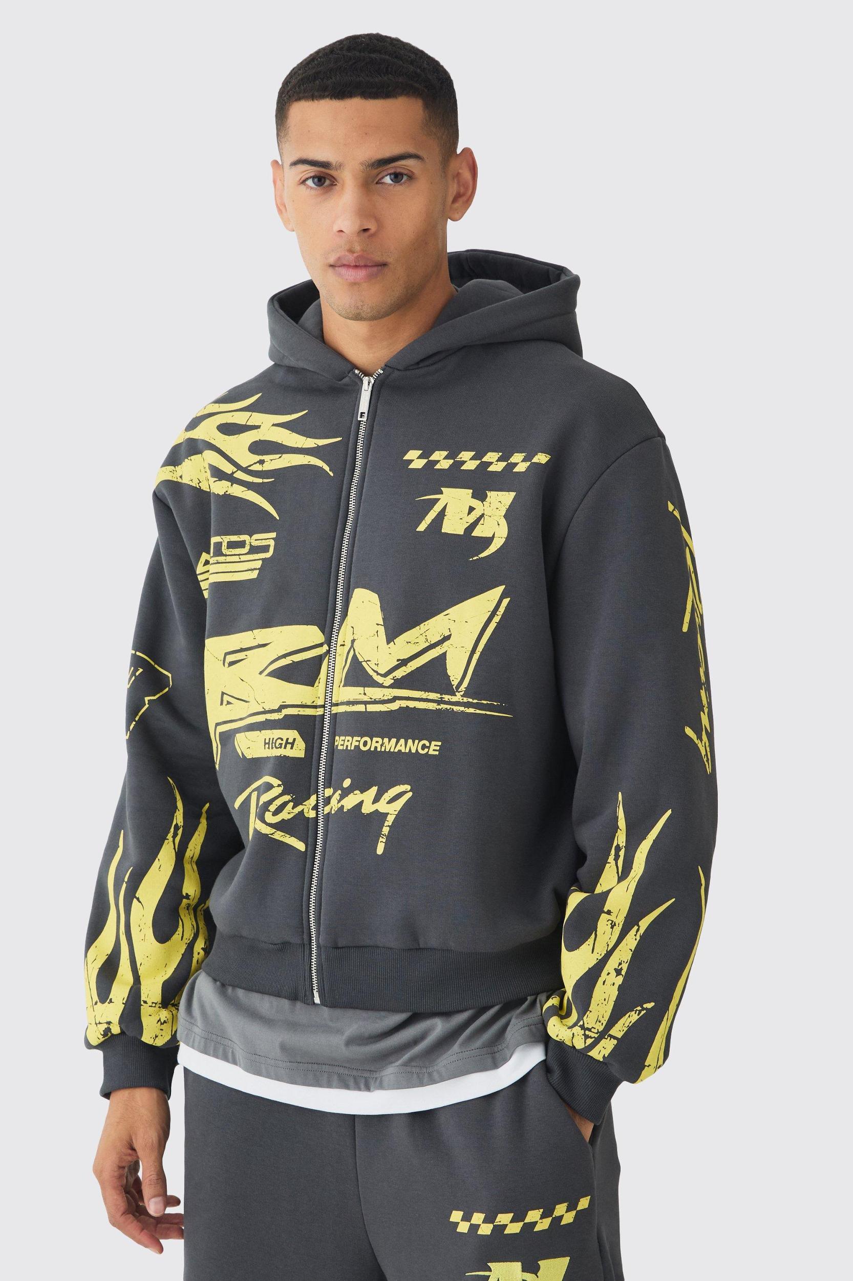 Oversized Boxy Moto Racing Flame Zip Through Hoodie | boohooMAN USA Product Image
