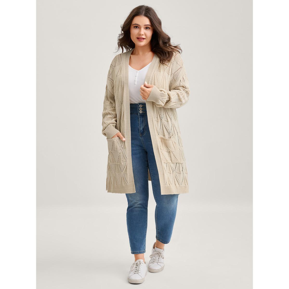 Plus Size Textured Cut-Out Slit Pockets Knit Cardigan Apricot Women Loose Long Sleeve Everyday-Casual Cardigans BloomChic 12/L Product Image