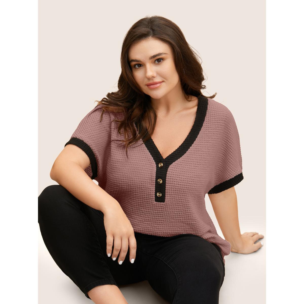 Plus Size V Neck Contrast Button Detail Knit T-shirt DustyPink Women Casual Texture V-neck Everyday T-shirts BloomChic 10/M Product Image