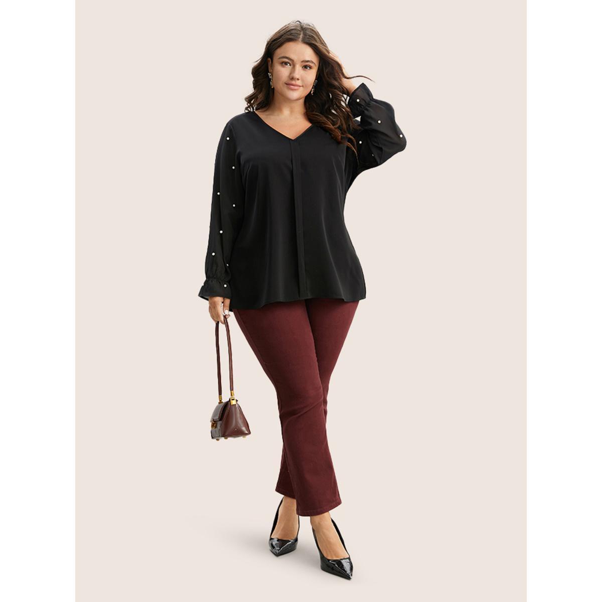 Plus Size Black Pearl Beaded Mesh Patchwork Ruffles Blouse Women Cocktail Long Sleeve V-neck Party Blouses BloomChic 14-16/1X Product Image