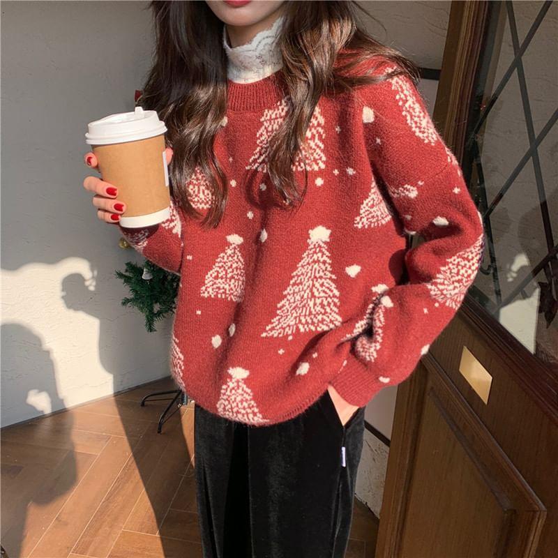 Long-Sleeve Round Neck Christmas Tree Print Sweater Product Image