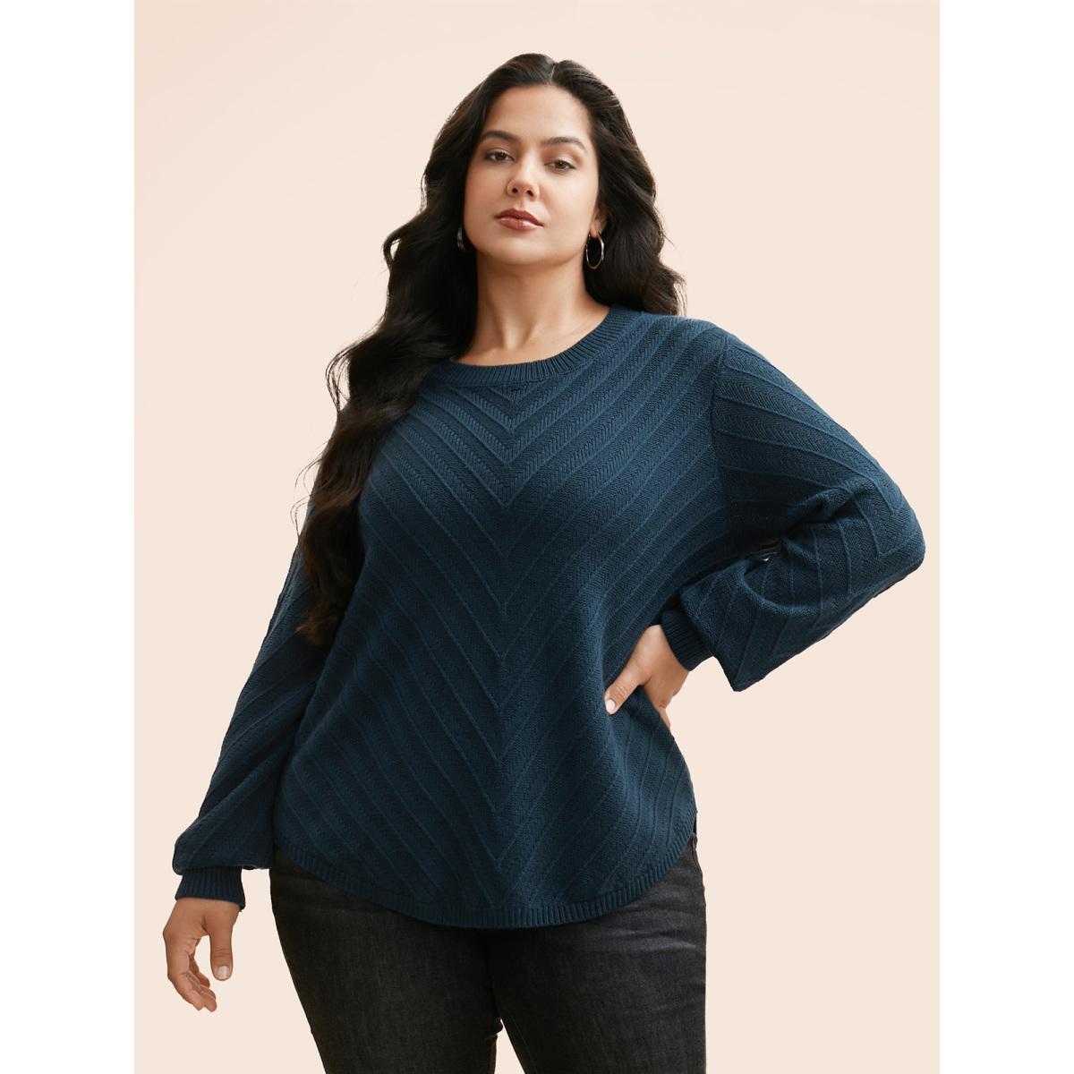Plus Size Plain Textured Crew Neck Pullover DarkGreen Women Casual Loose Long Sleeve Boat Neck Everyday Pullovers BloomChic 10/M Product Image