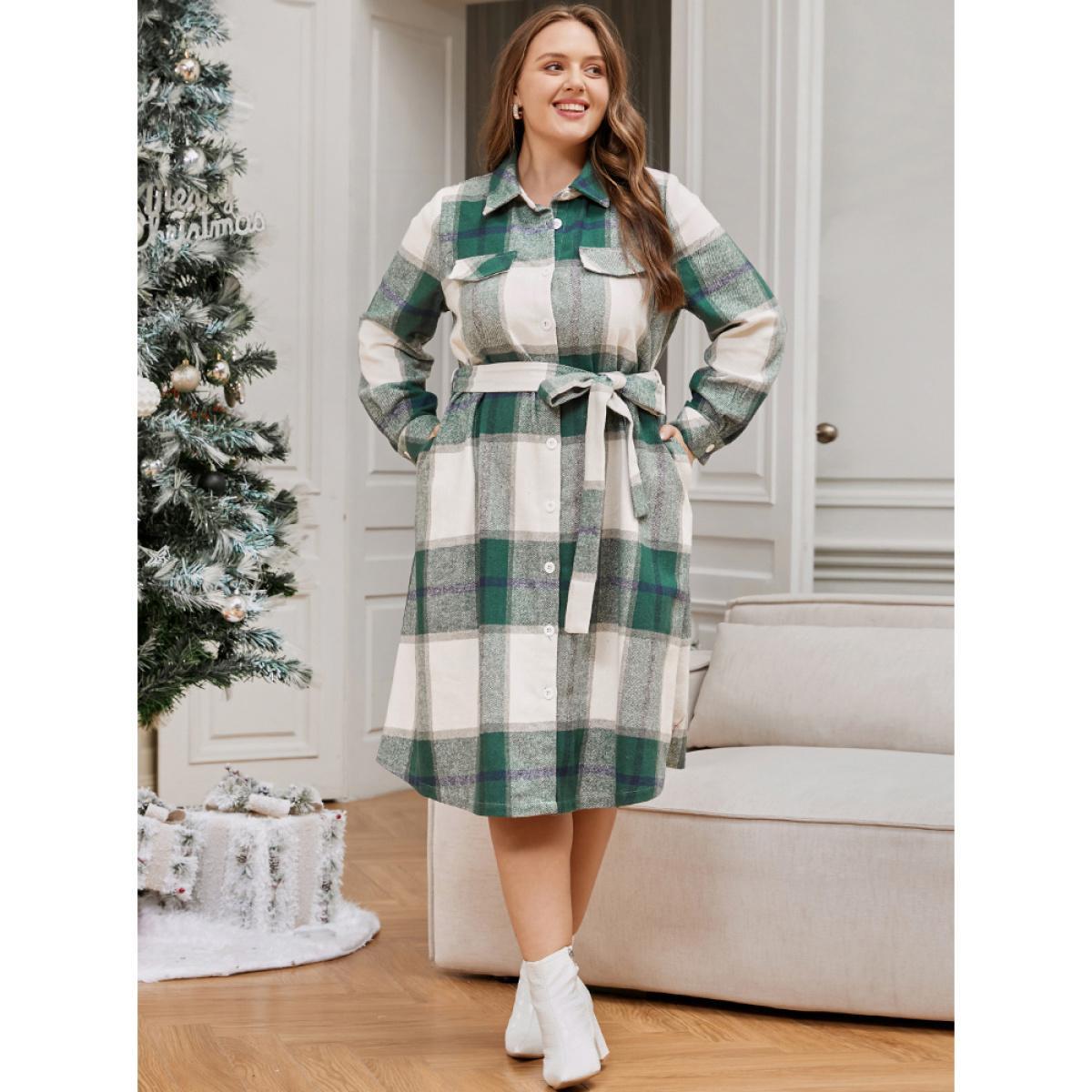 Plus Size Plaid Pocket Button Up Belted Shirt Collar Dress Green Women Elegant Button Shirt collar Long Sleeve Curvy Midi Dress BloomChic 14-16/1X Product Image