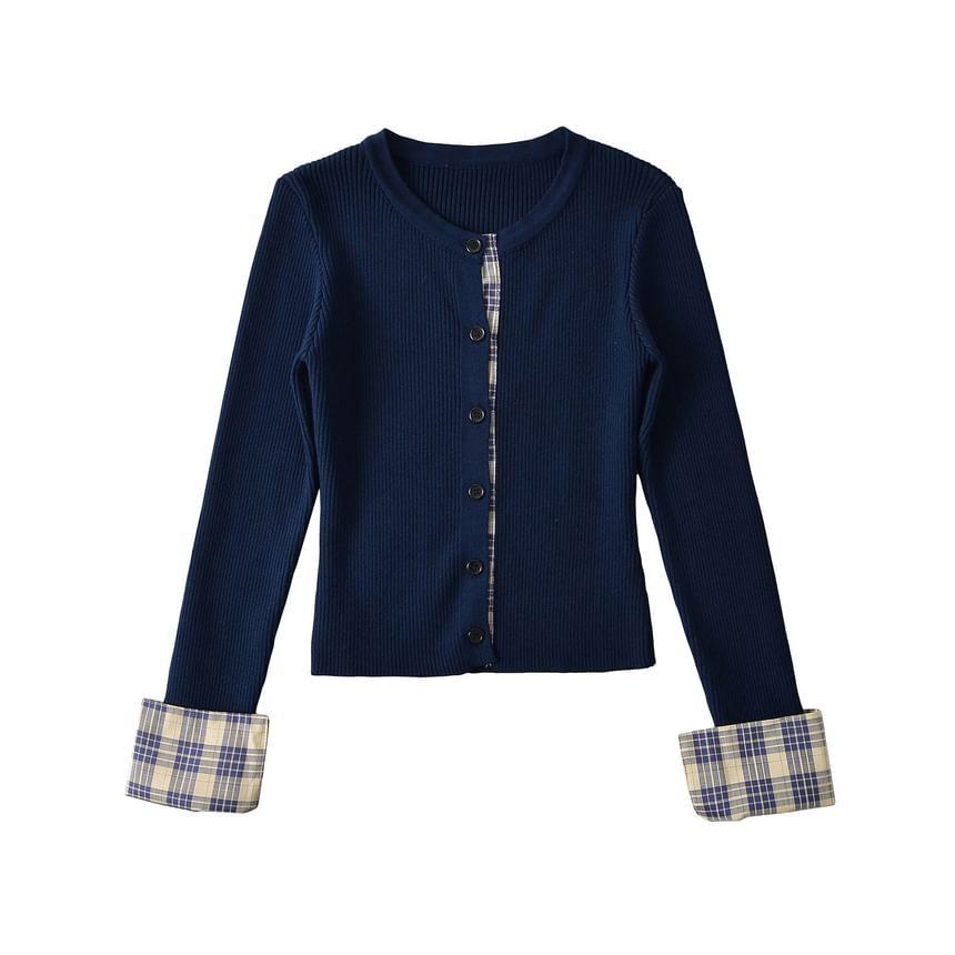 Mock Two-Piece Long-Sleeve Crew Neck Plaid Panel Button Ribbed Knit Top Product Image