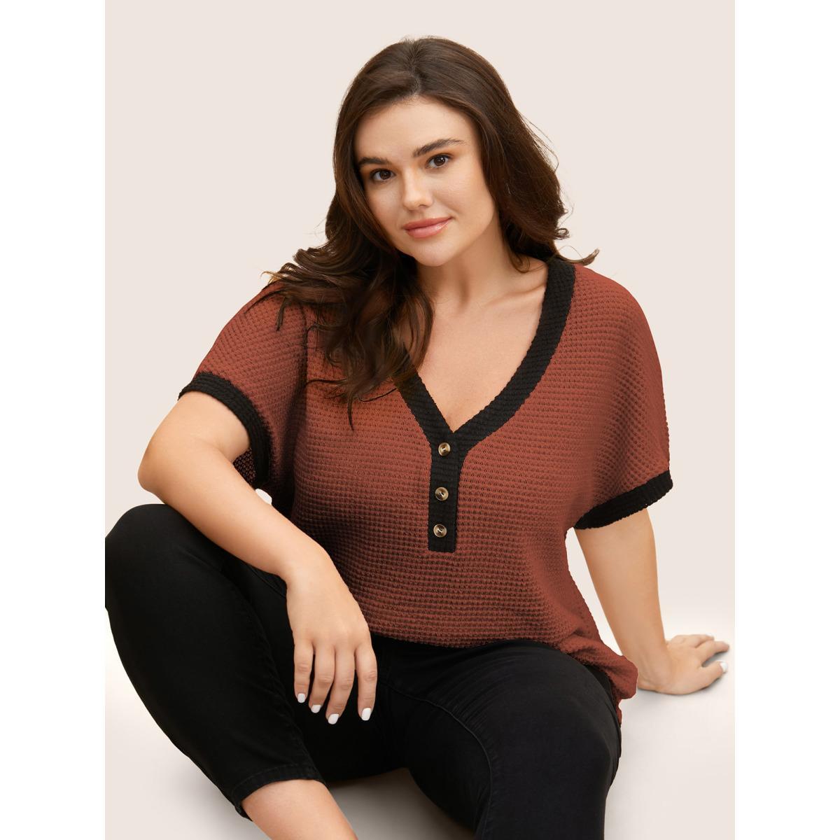 Plus Size V Neck Contrast Button Detail Knit T-shirt Rust Women Casual Texture V-neck Everyday T-shirts BloomChic 14-16/1X Product Image
