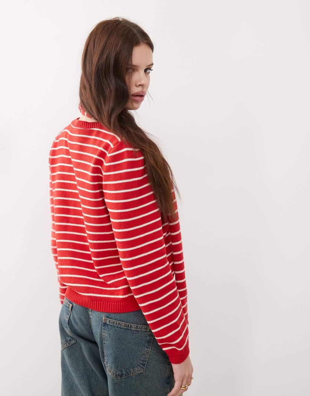 Reclaimed Vintage knit striped cardigan in cream and red Product Image