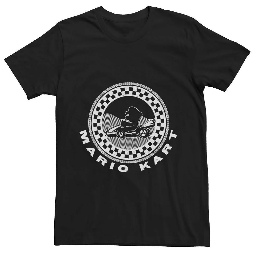 Men's Nintendo Mario Kart Mario Mono Checkered Round White Tee, Size: Medium, Black Product Image