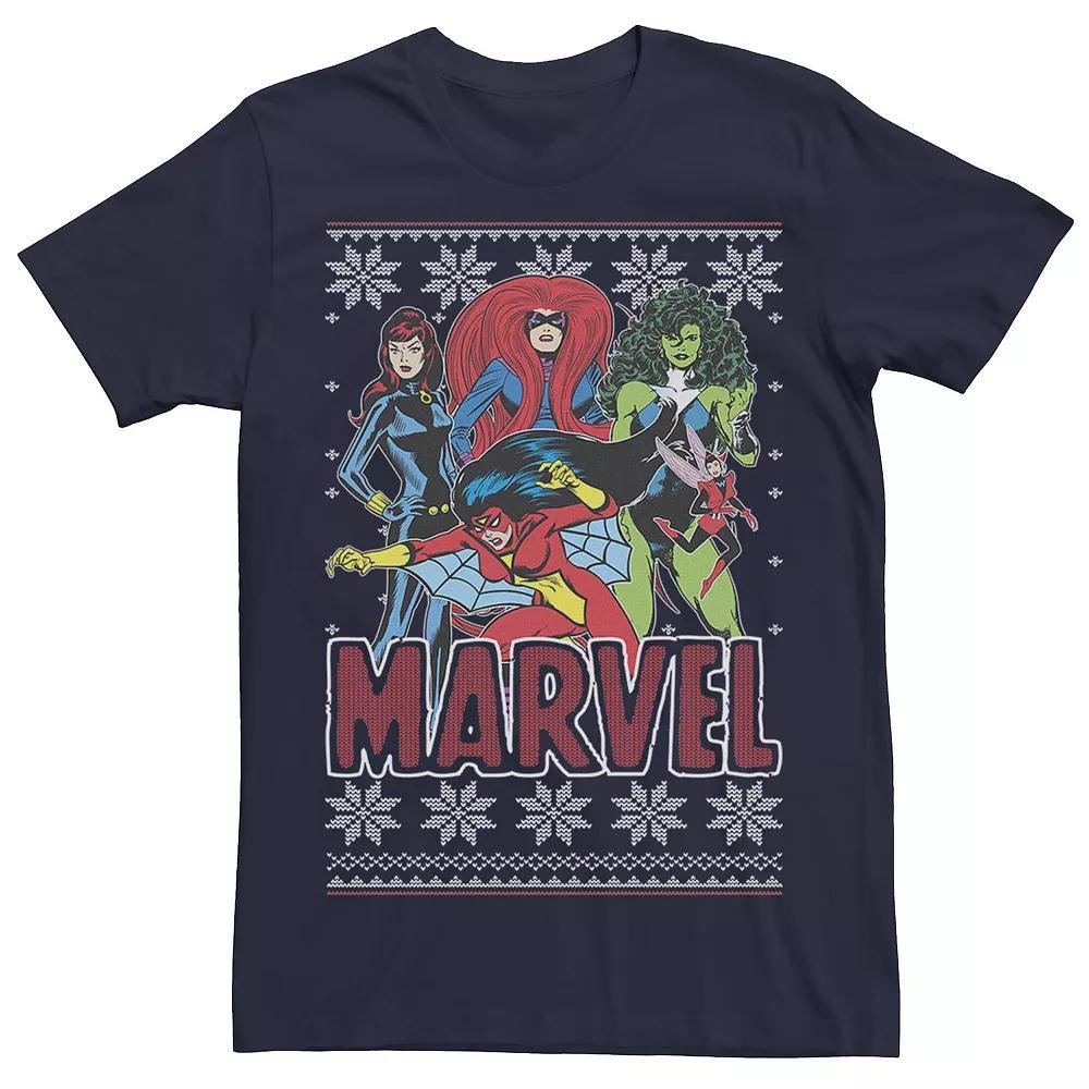 Mens Marvel Vintage Heroines Portrait Ugly Sweater Short Sleeve Tee Blue Product Image