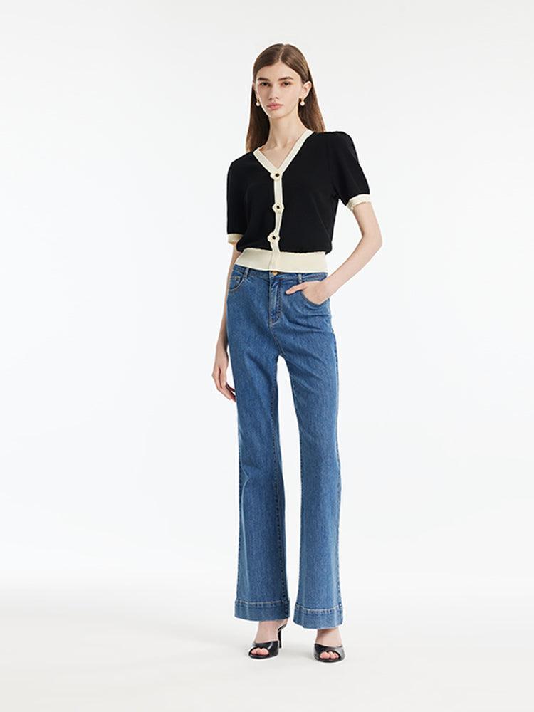Tencel Contrast Trim V-Neck Women Knit Top With Detachable 3D Flower Product Image