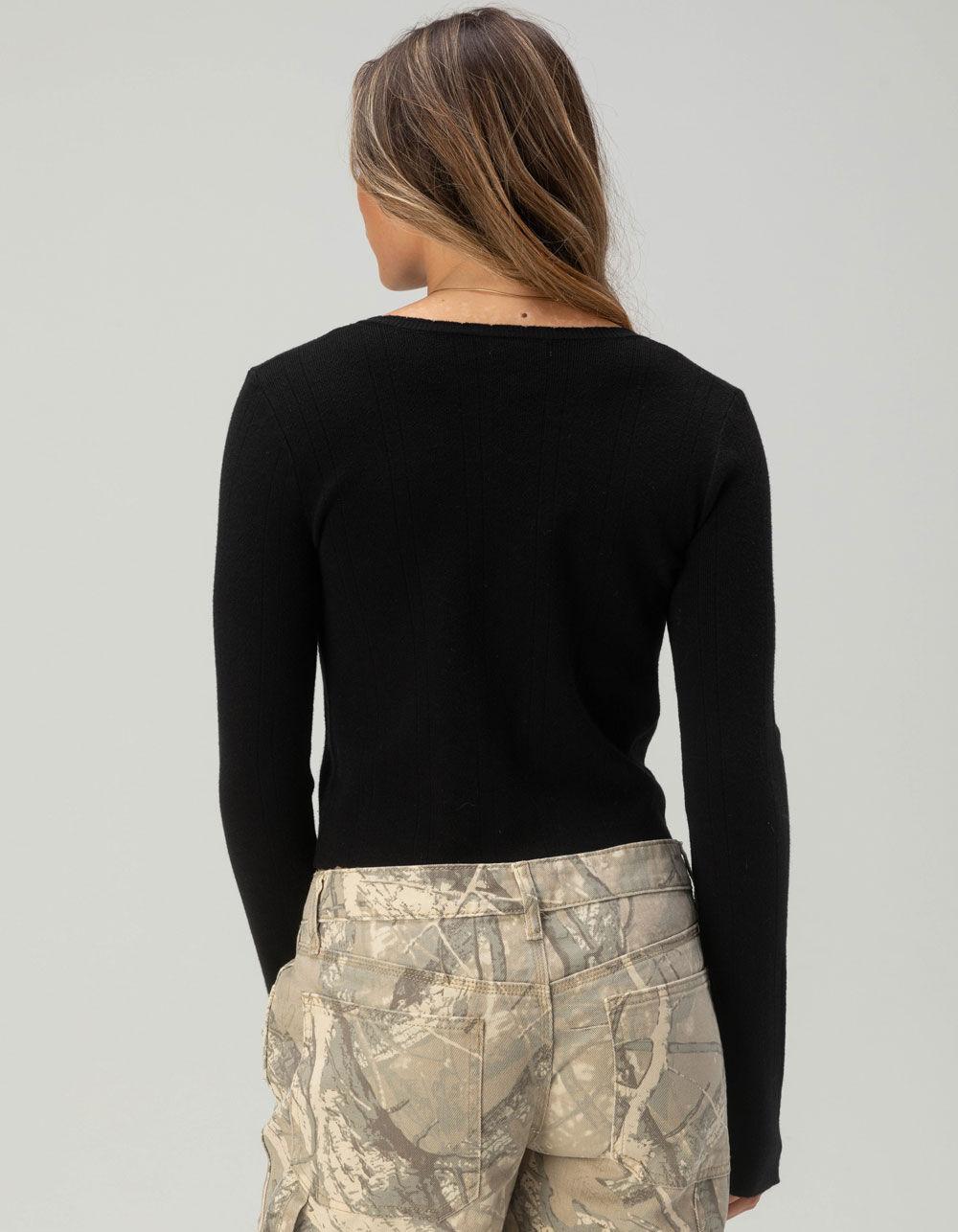 FULL TILT 3 Tie Front Womens Pointelle Cardigan - BLACK Product Image