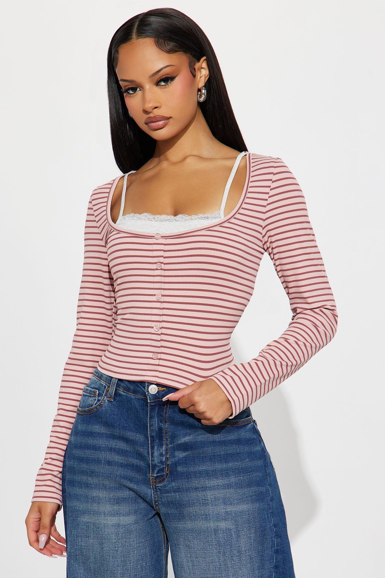 Channa Striped Ribbed Long Sleeve Top - Mauve/combo Female Product Image