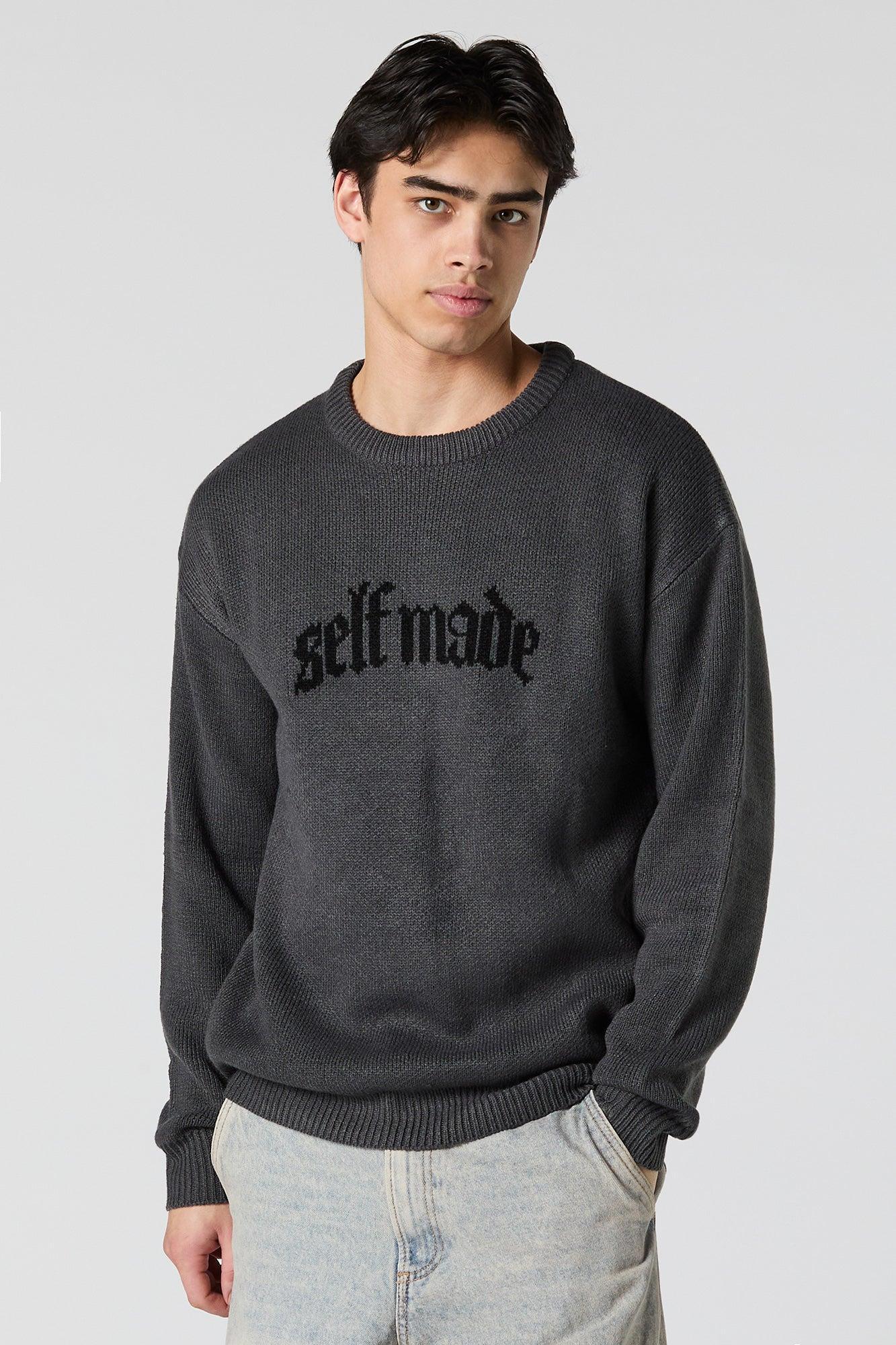 Gothic Text Jacquard Knit Sweater Male Product Image