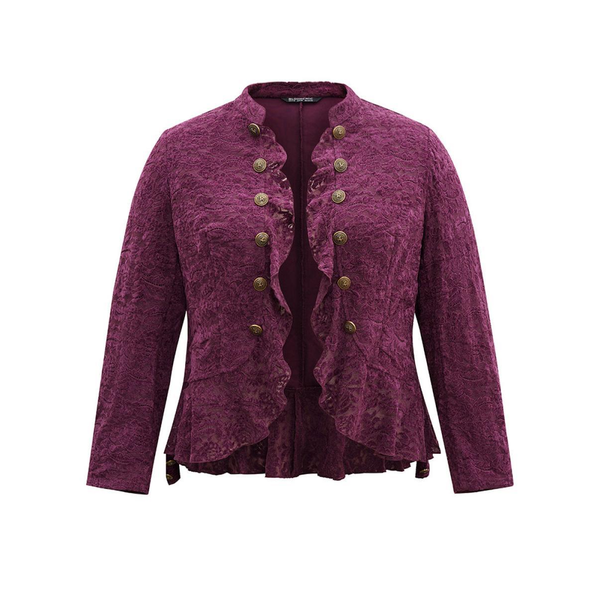 Plus Size Guipure Lace Ruffle Trim Buckle Detail Jacket Women Purple Plain Dailywear Jackets BloomChic 14-16/1X Product Image