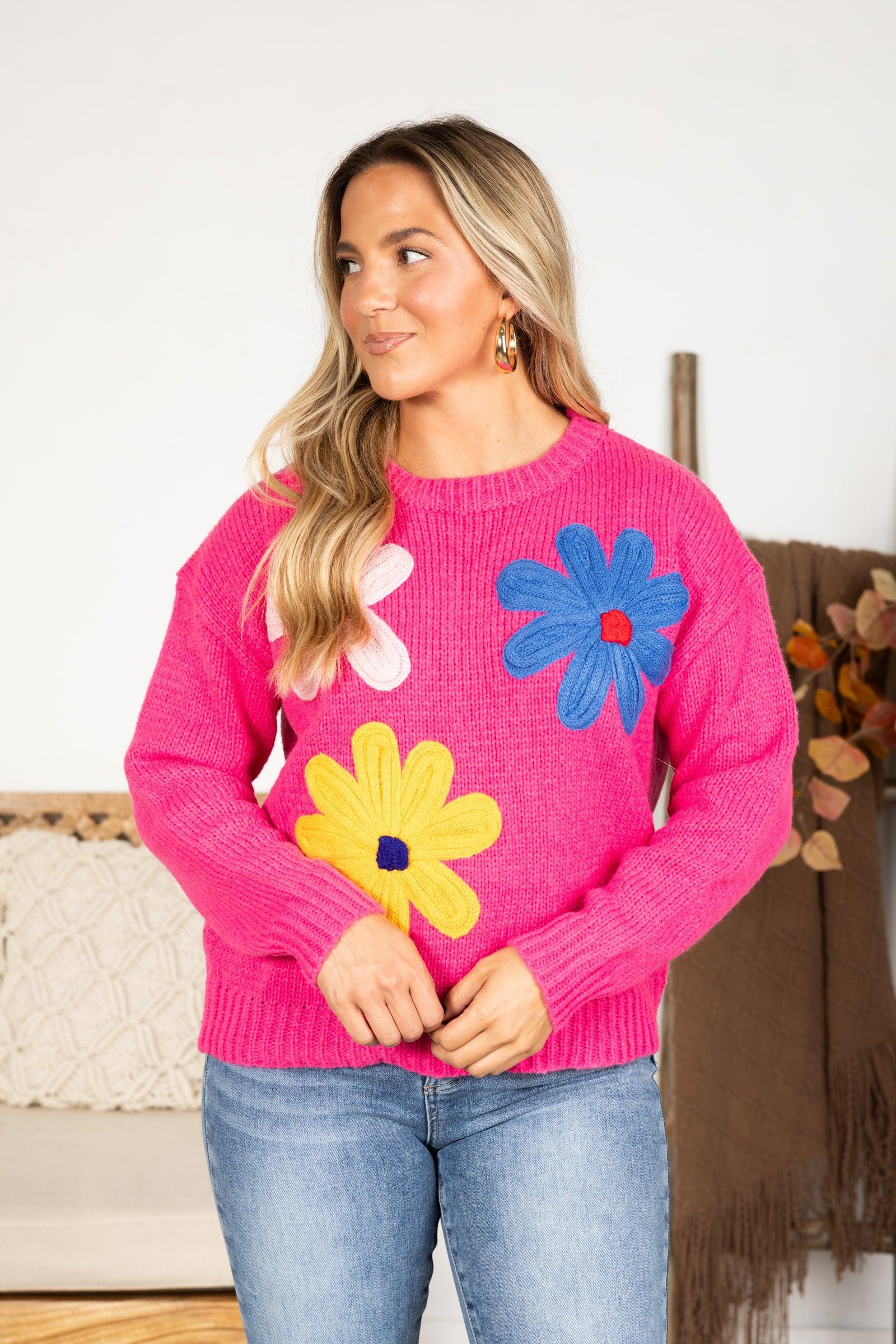 Hot Pink Big Flower Patch Sweater Product Image