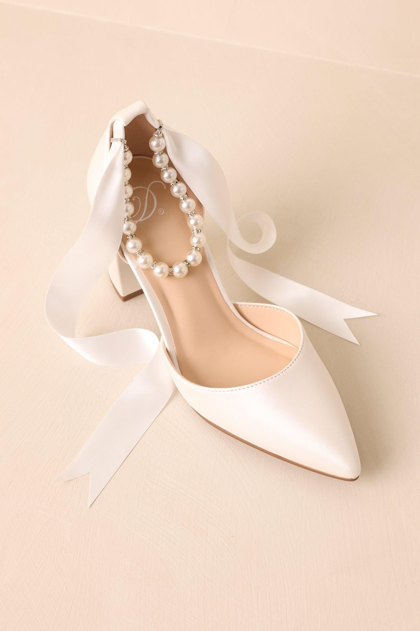 Just Felt Right Ivory Satin Pearl Ankle Strap Block Heels Product Image