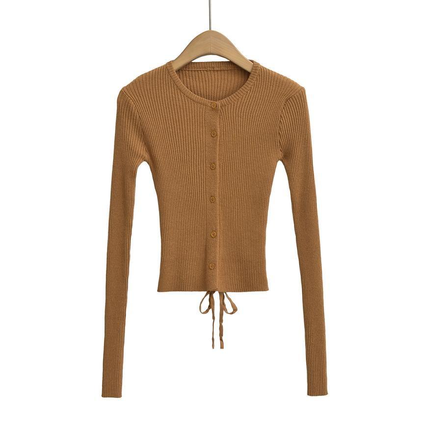 Round Neck Plain Ribbed Knit Cropped Cardigan Product Image