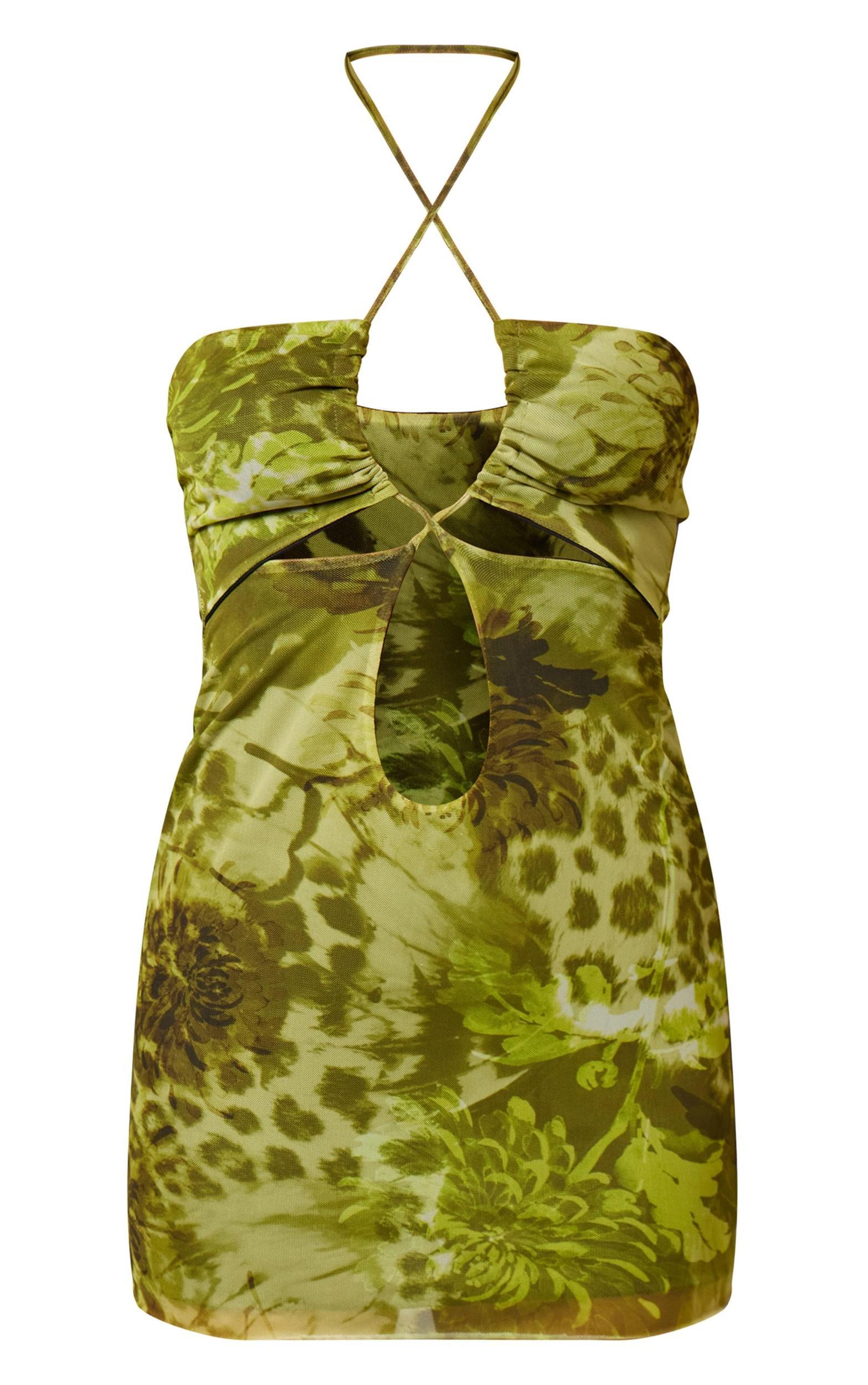 Green Animal Print Cut Out Cross Over Mini Dress Product Image