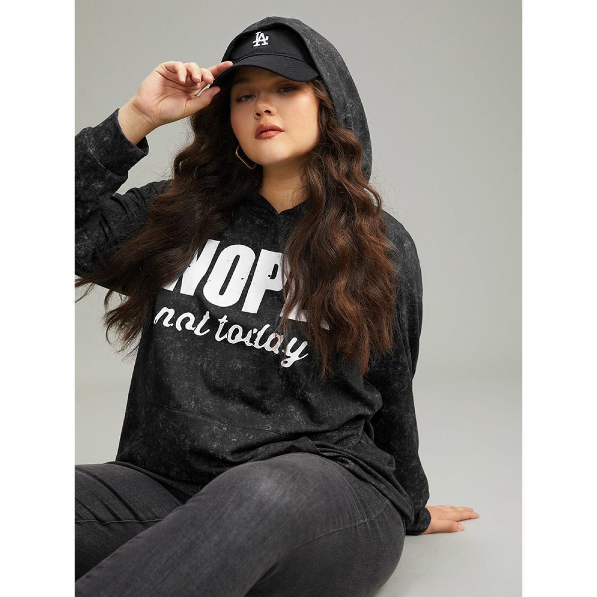 Plus Size Letter Vintage Hooded Pocket Sweatshirt Women Black Casual Printed Dailywear Sweatshirts BloomChic 26/4X Product Image
