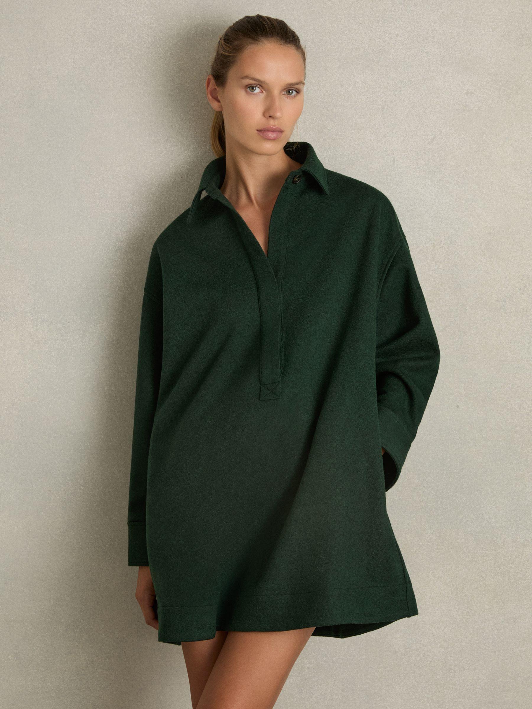 Shirt-Style Shift Dress With Wool in Green Product Image
