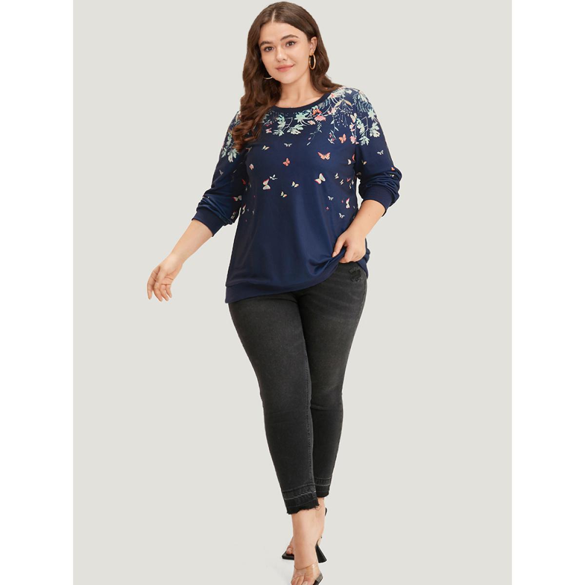 Plus Size Boho Print Elastic Cuffs Round Neck Sweatshirt Women Blue Elegant Elastic cuffs Round Neck Dailywear Sweatshirts BloomChic 10/M Product Image