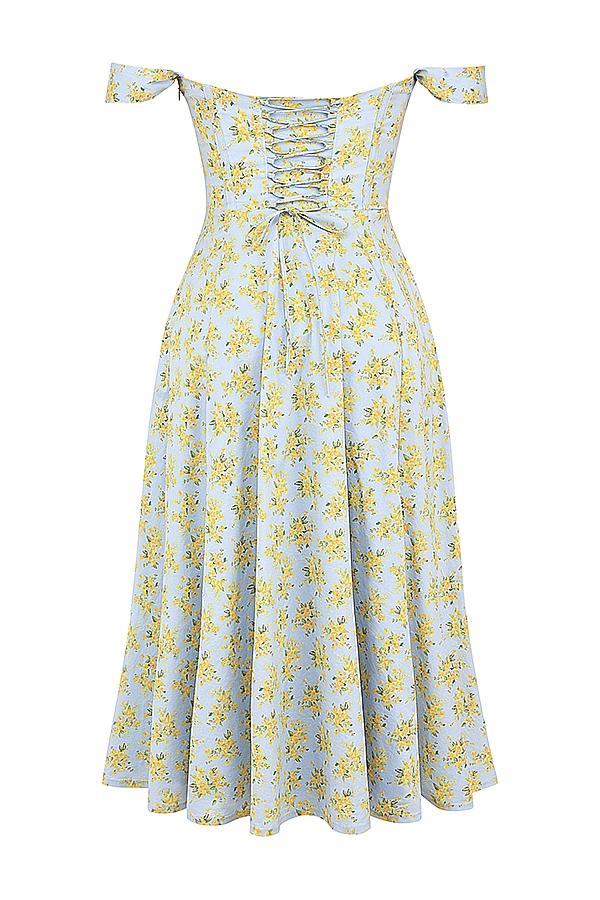 Saira Soft Blue Vintage Floral Print Cotton Midi Sundress Product Image