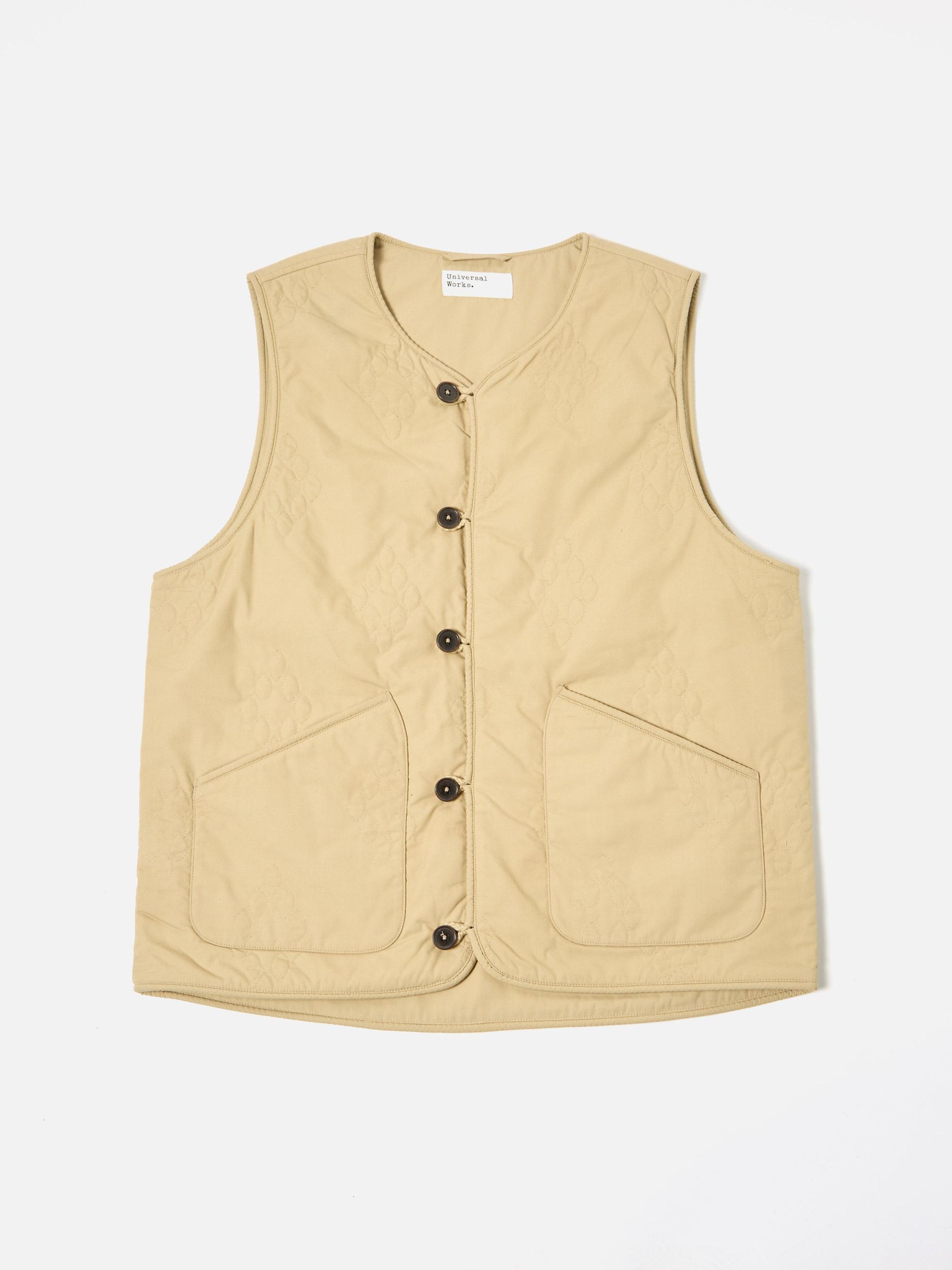 Universal Works Quilted Piped Liner Gilet in Sand Recycled Poly Tech Product Image