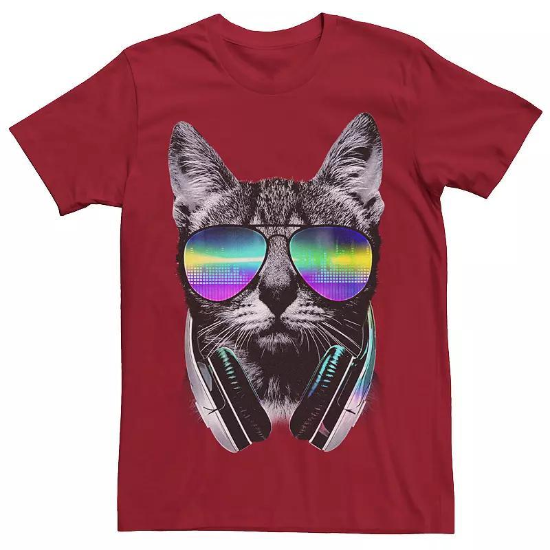 Men's Music Lover Cat Headphones Sunglasses Graphic Tee, Size: XL, Red Product Image