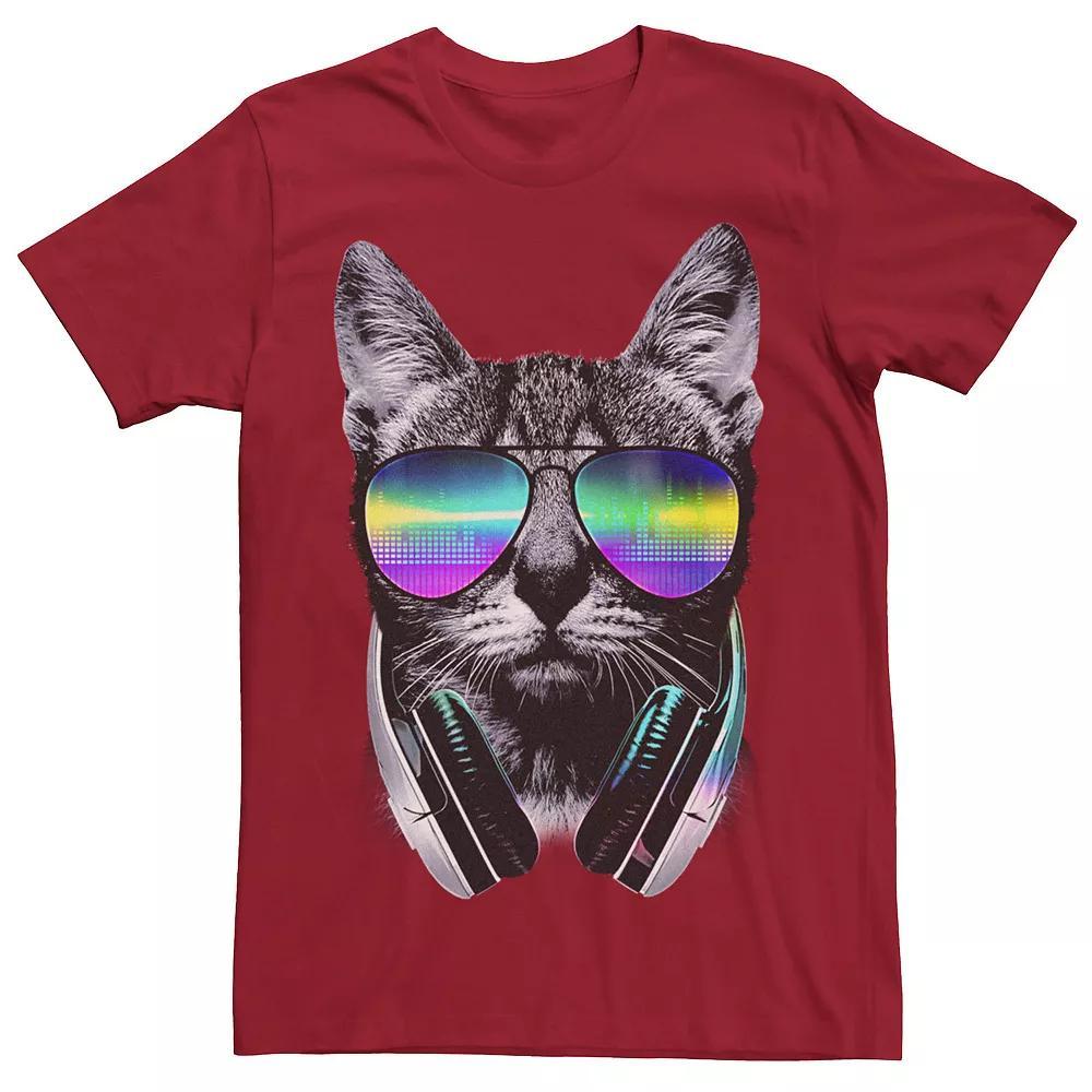Men's Music Lover Cat Headphones Sunglasses Graphic Tee, Size: XL, Red Product Image