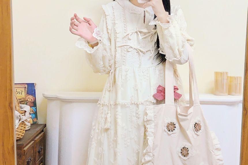 Long-Sleeve Collar Floral Lace Frog Button Midi A-Line Dress Product Image