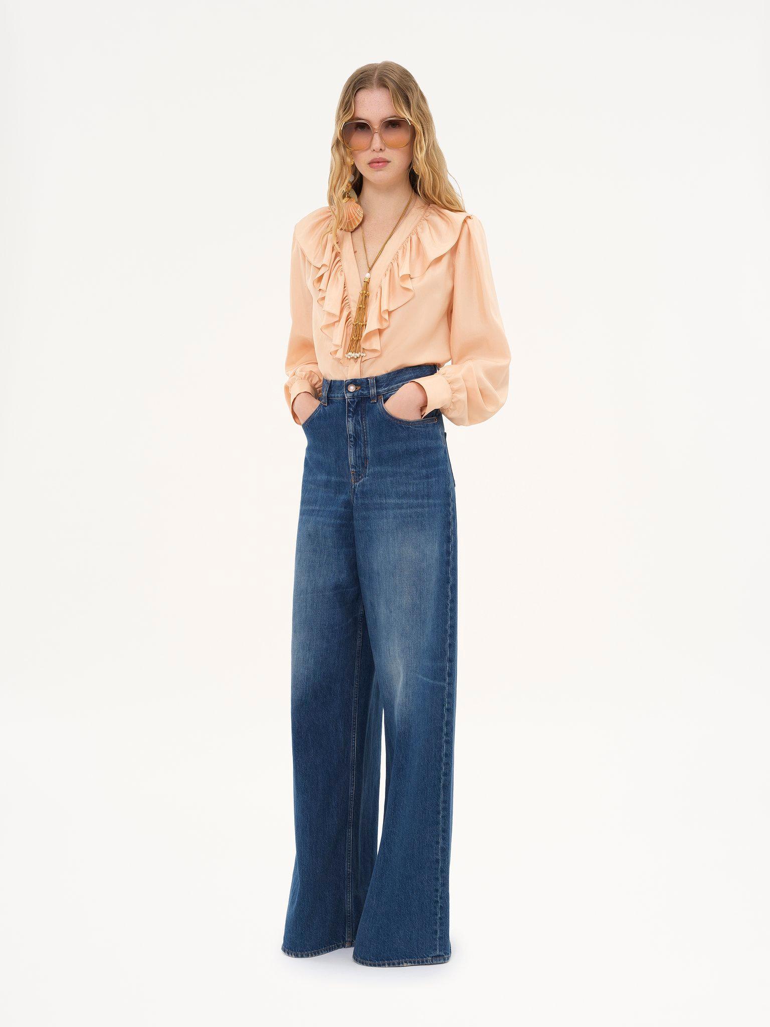 V-neck ruffled blouse in silk habotai Product Image