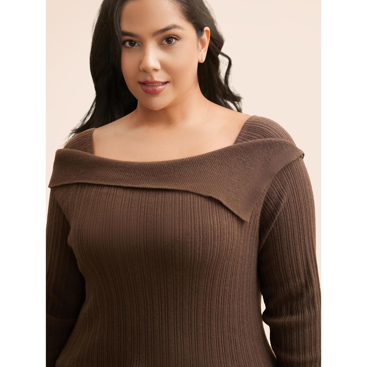 Plus Size Supersoft Essentials Asymmetrical Neck Slim Fit Pullover DarkBrown Women Casual Skinny Long Sleeve Asymmetrical Neck Everyday Pullovers BloomChic 14-16/1X Product Image