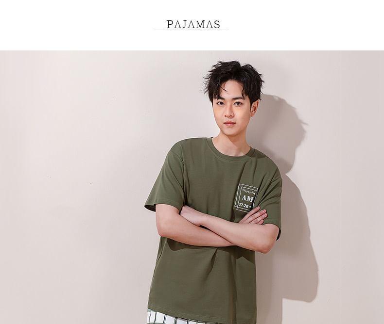 Couple Matching Pajama Set: Short-Sleeve Cartoon Print Padded T-Shirt + Plaid Shorts Product Image