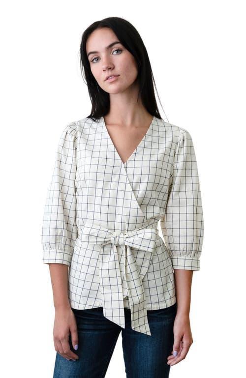 Hope & Henry Women's Puff Sleeve Wrap Top in Ivory And Navy Windowpane at Nordstrom, Size 4 Product Image